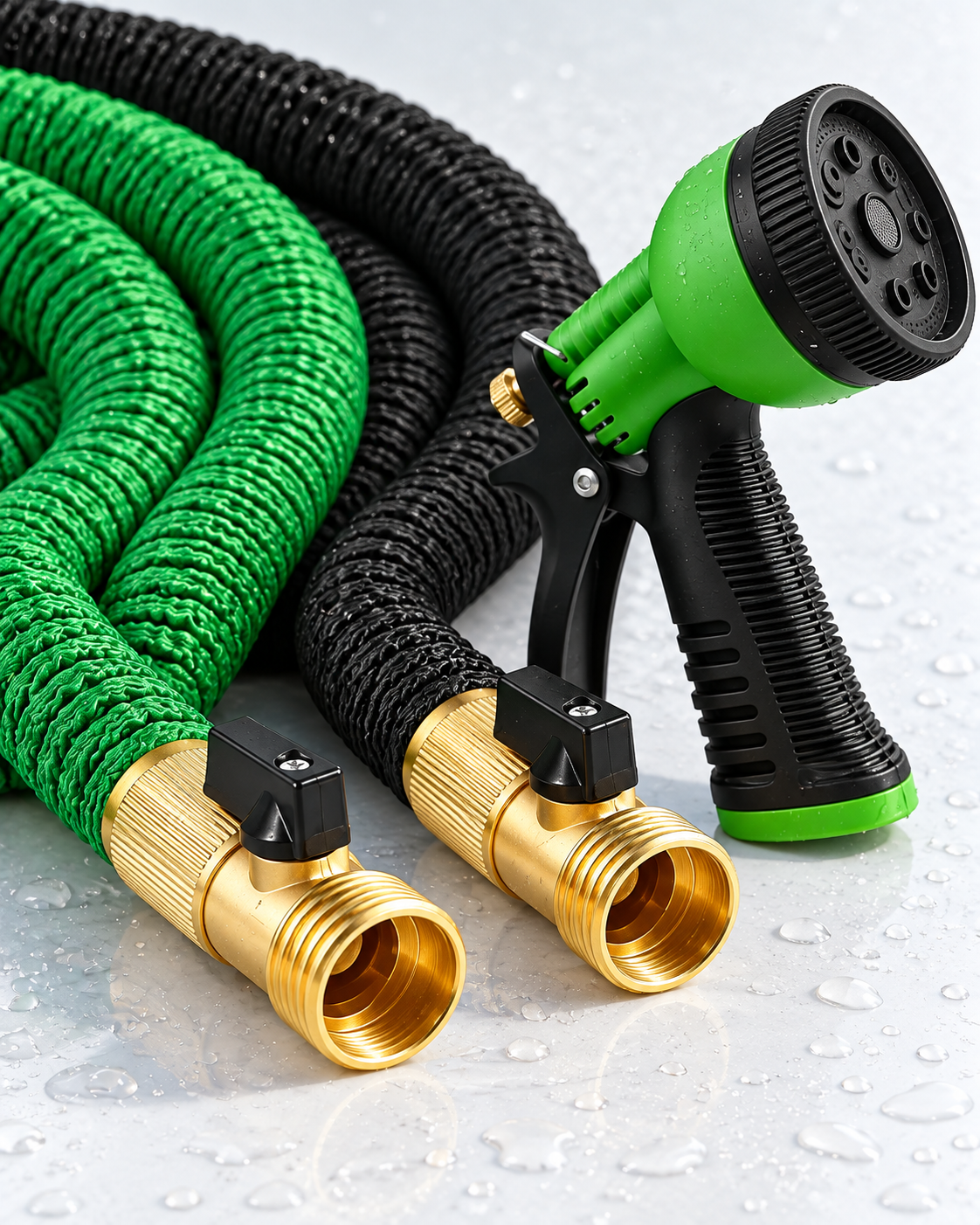 Expandable hose brass connectors shutoff lever and trigger spray nozzle detail