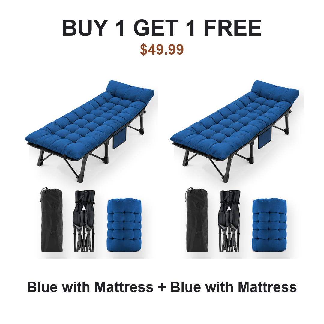 Buy one get one free camping cot pair: Cot #1 Blue with Mattress, Cot #2 Blue with Mattress