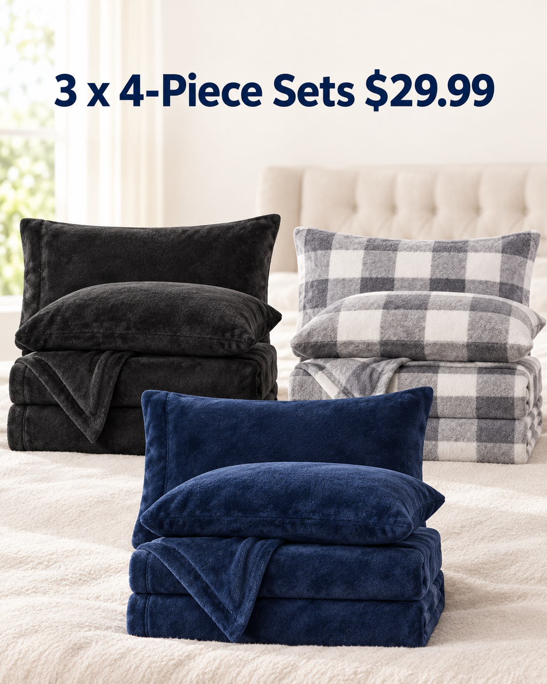 3 sets black buffalo gray navy 4 piece velvet plush flannel sheet bundle 29.99 USD