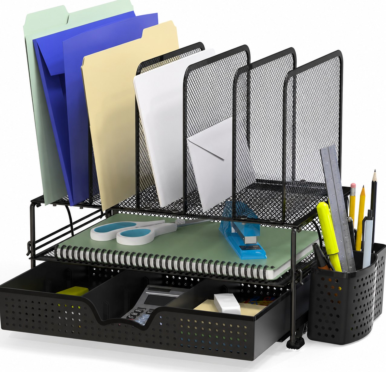 Black desktop file and office supply organizer with drawer