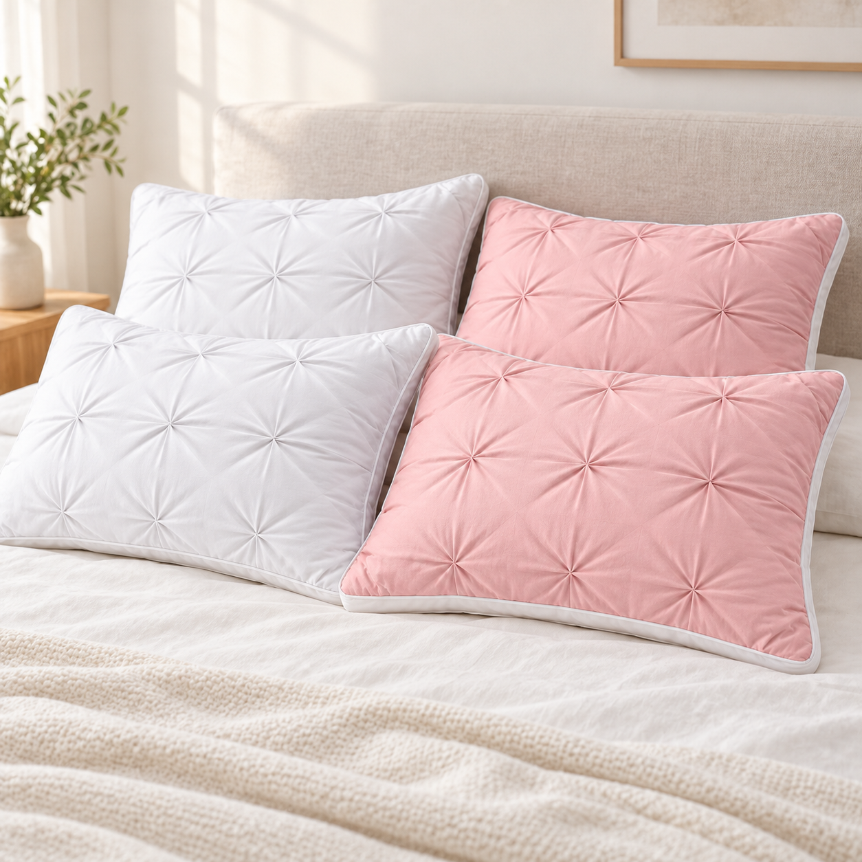 natural SKU scene for 4 pillow bundle White x2 + Pink x2