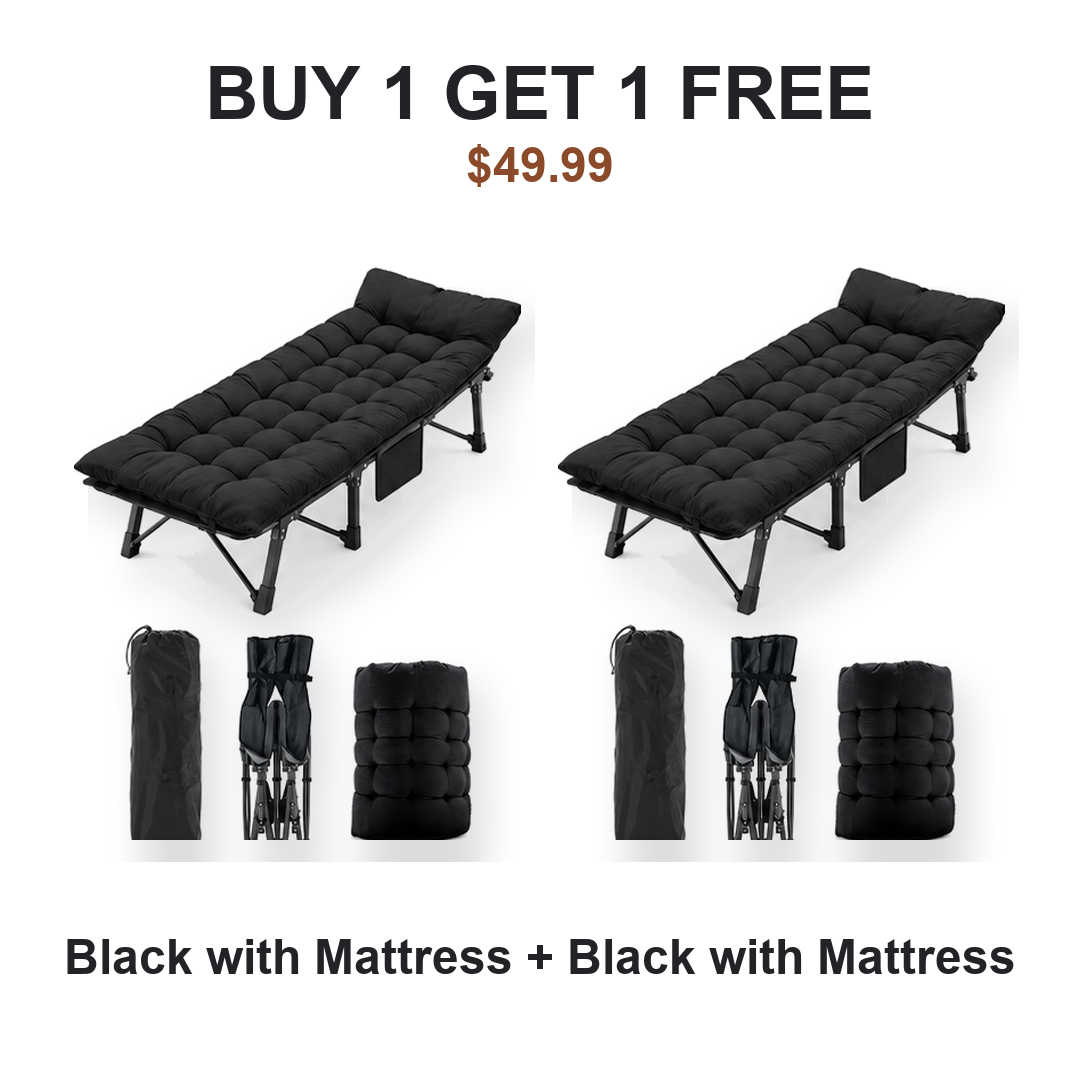 Buy one get one free camping cot pair: Cot #1 Black with Mattress, Cot #2 Black with Mattress