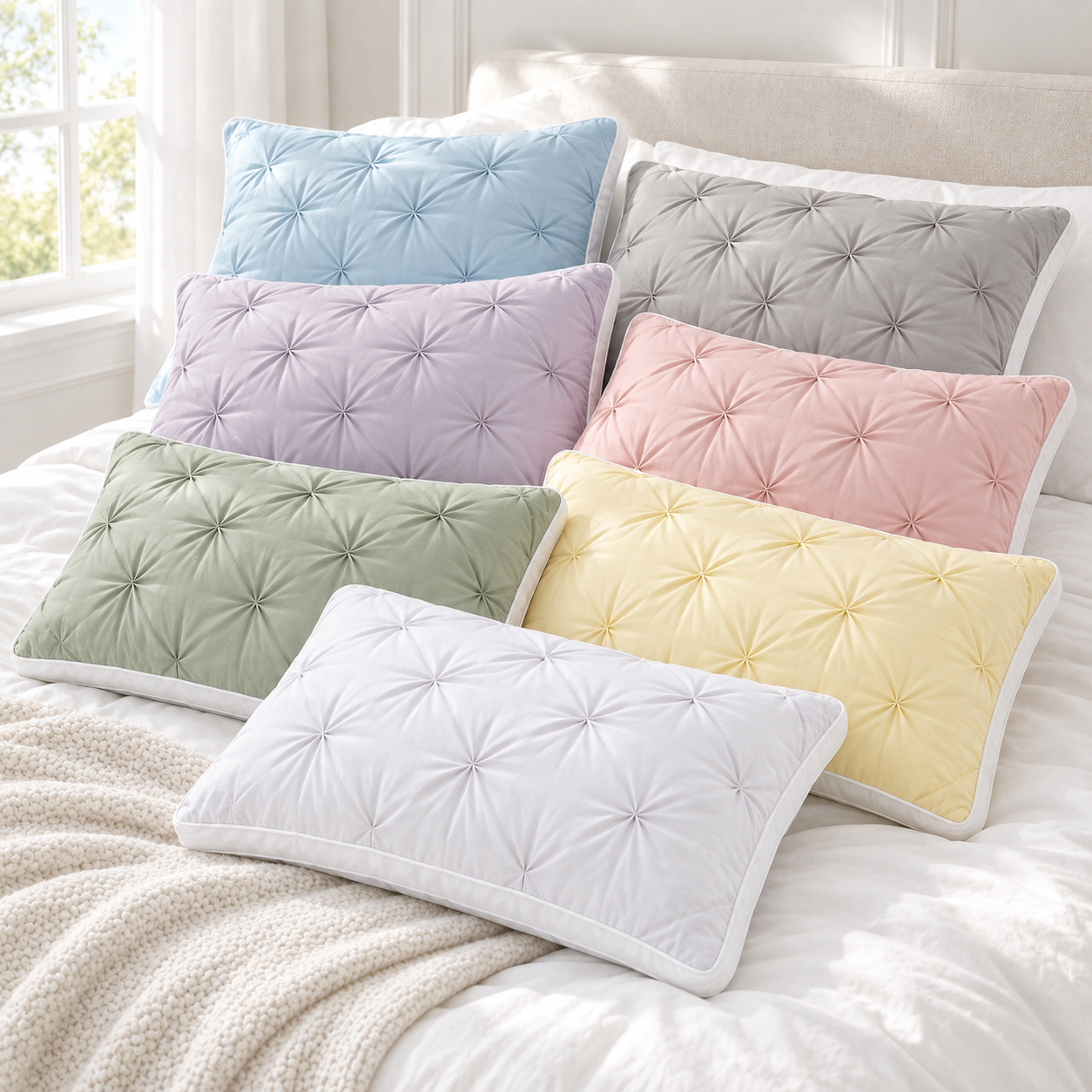 seven pillow colors shown in a natural bedroom product scene