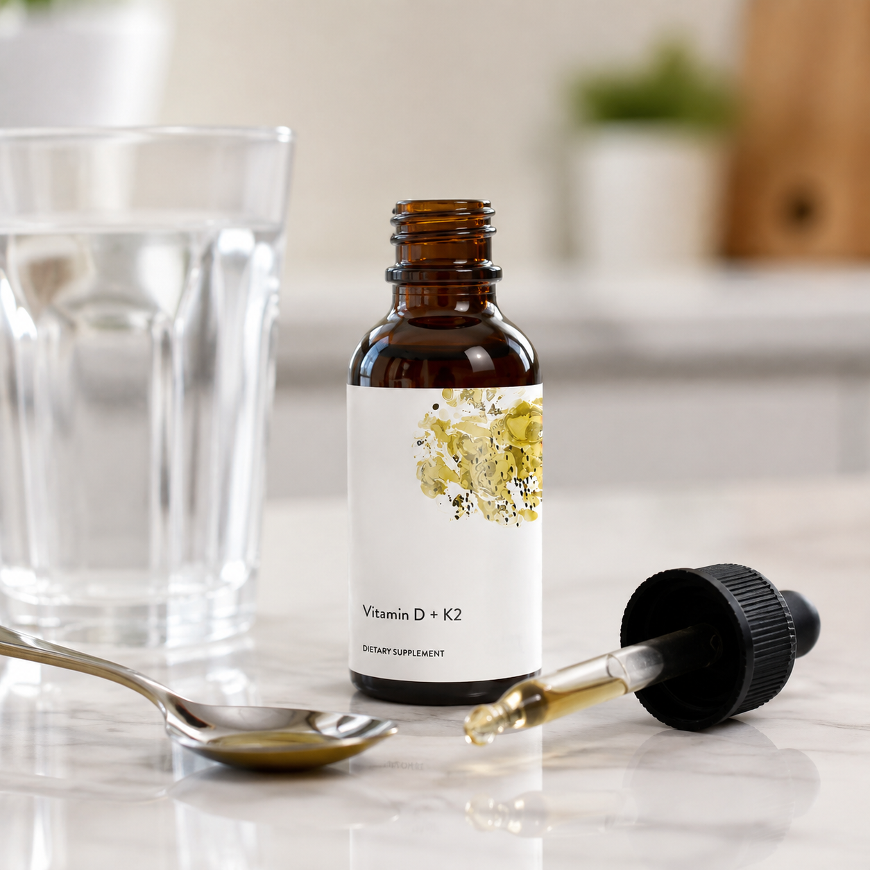 Vitamin D and K2 liquid supplement dropper and spoon detail