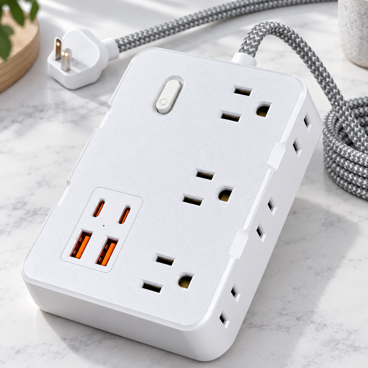 white flat plug surge protector close up with six AC outlets four USB ports side outlets and slim switch