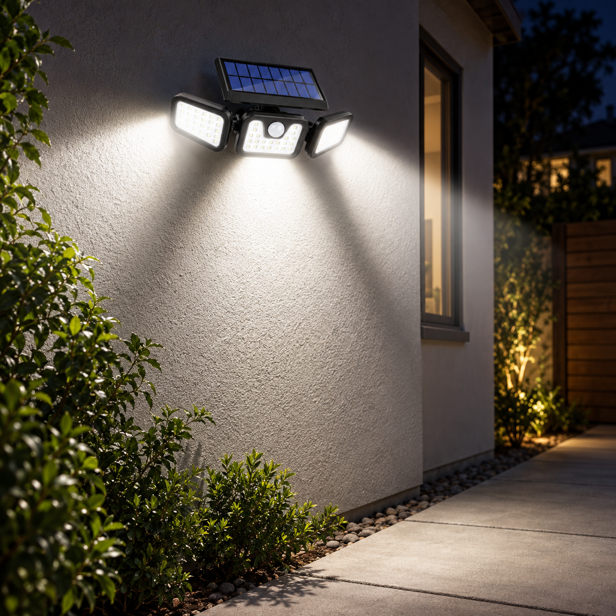 three side flood lighting from adjustable solar wall light heads