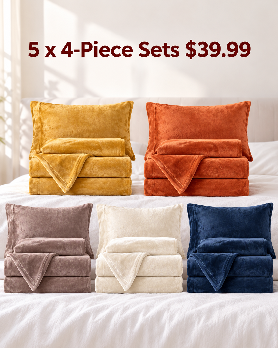 5 sets gold orange taupe cream navy 4 piece velvet plush flannel sheet bundle 39.99 USD