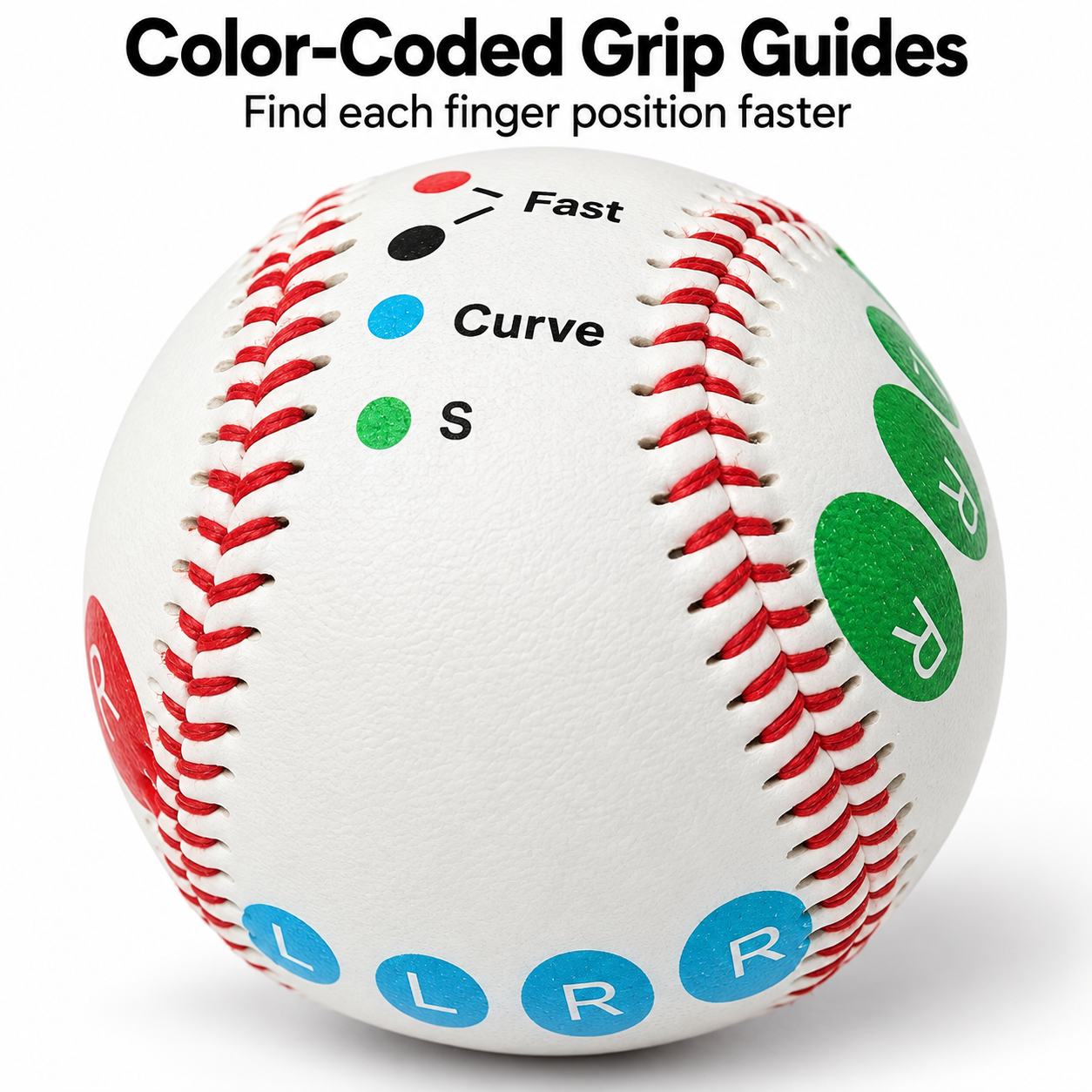 close view of the red blue green and black pitching grip markers