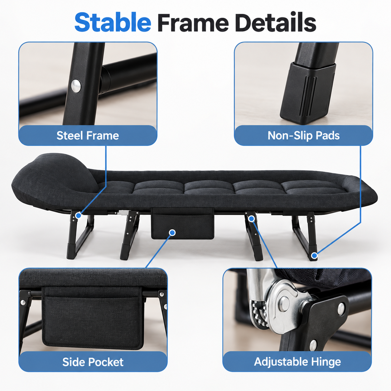 camping cot steel frame non slip feet side pocket and hinge details