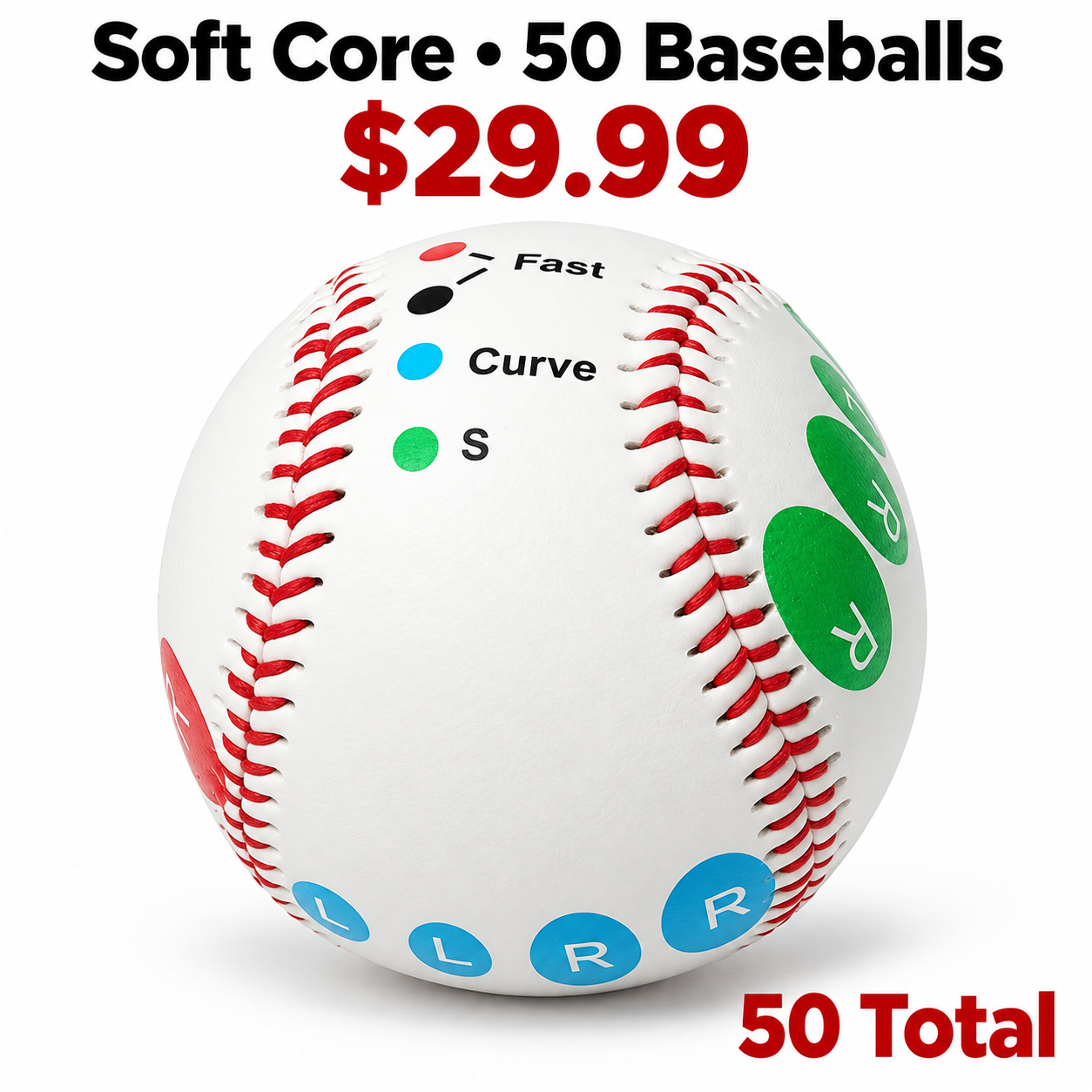 soft core color coded pitching training baseball set of 50 for 29.99 USD