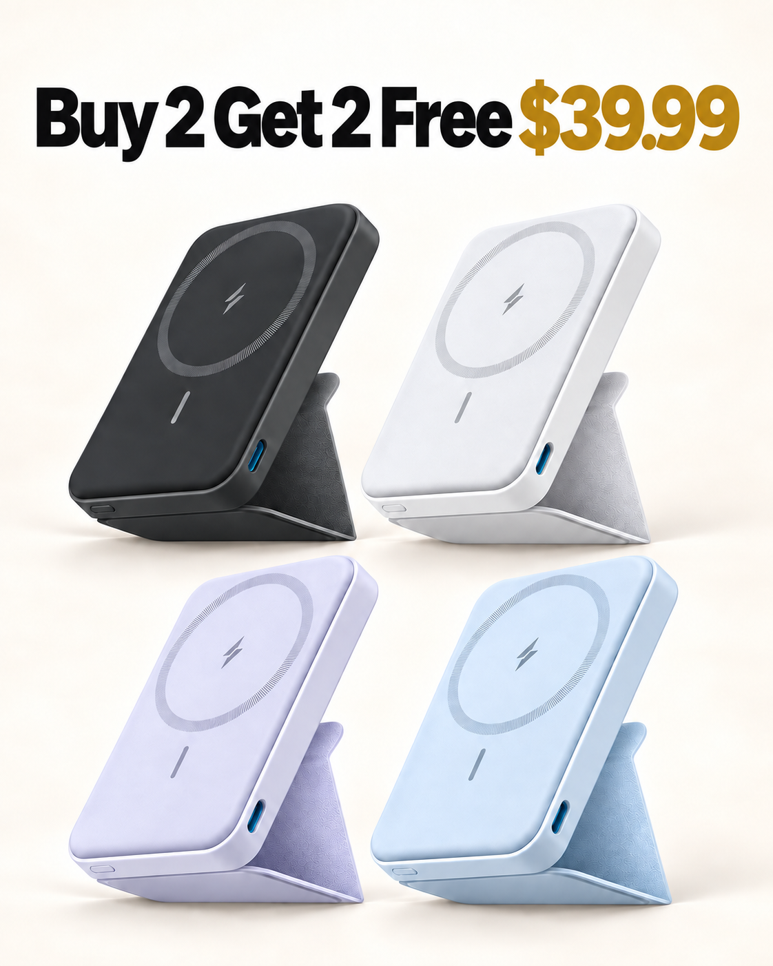 Buy 2 Get 2 Free magnetic power banks Gray White Powder Blue and Lavender 39.99 USD