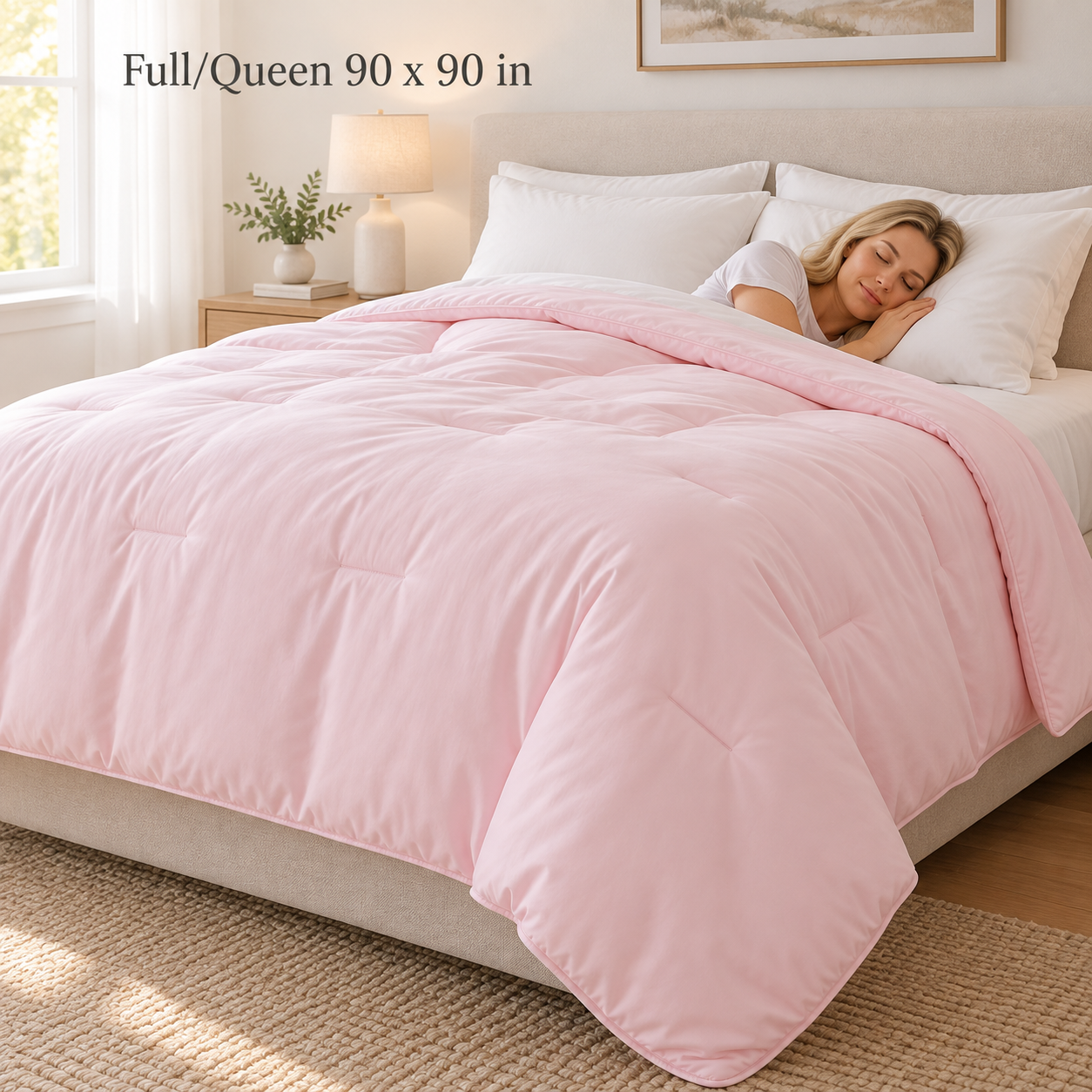 baby pink Full Queen comforter with realistic 90 by 90 inch bed coverage