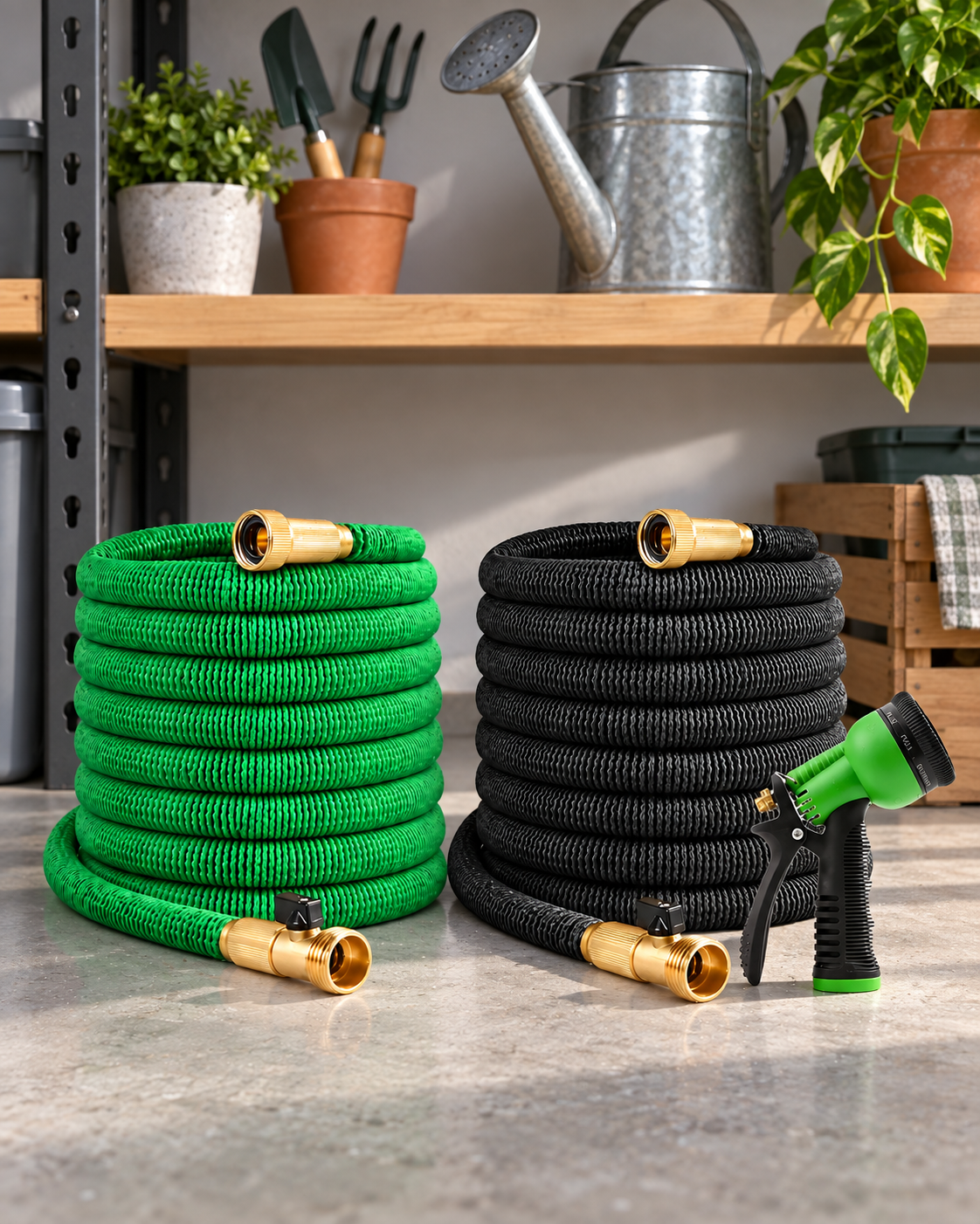 Black and green expandable garden hoses coiled compact for garage storage