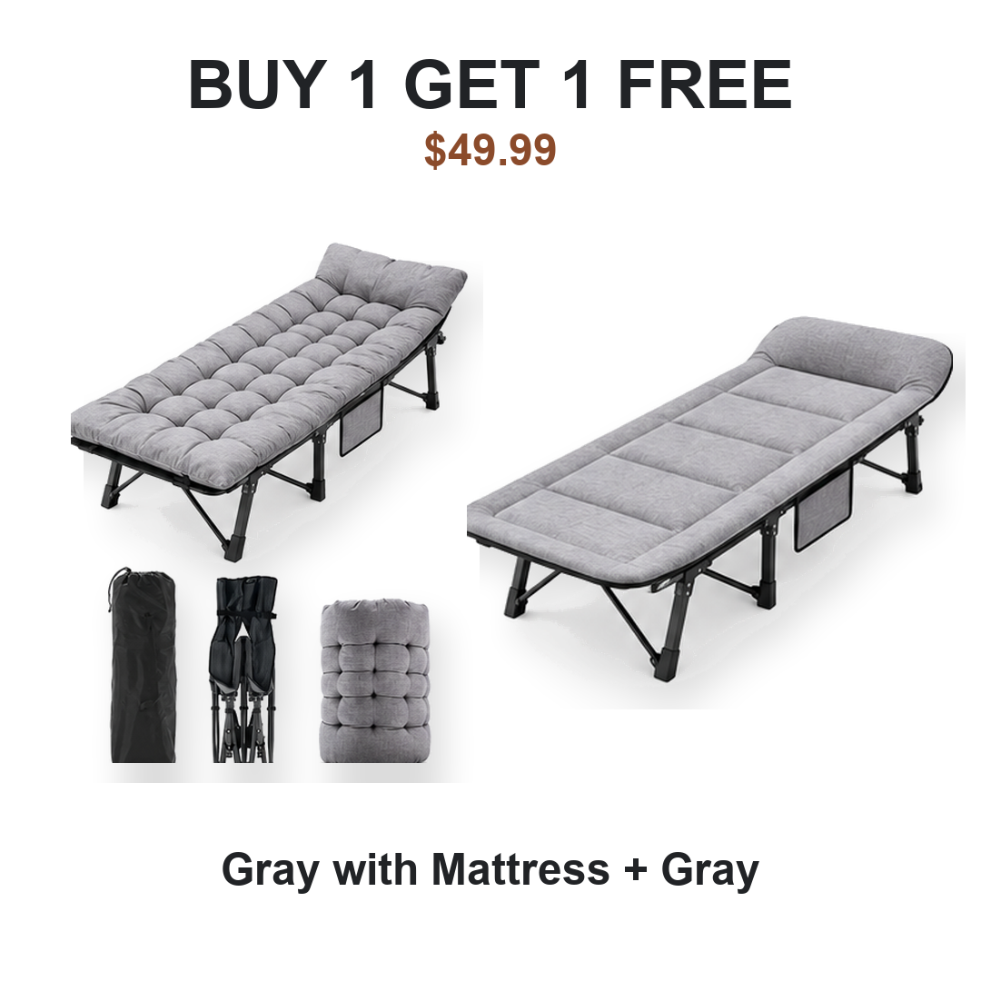 Buy one get one free camping cot pair: Cot #1 Gray with Mattress, Cot #2 Gray