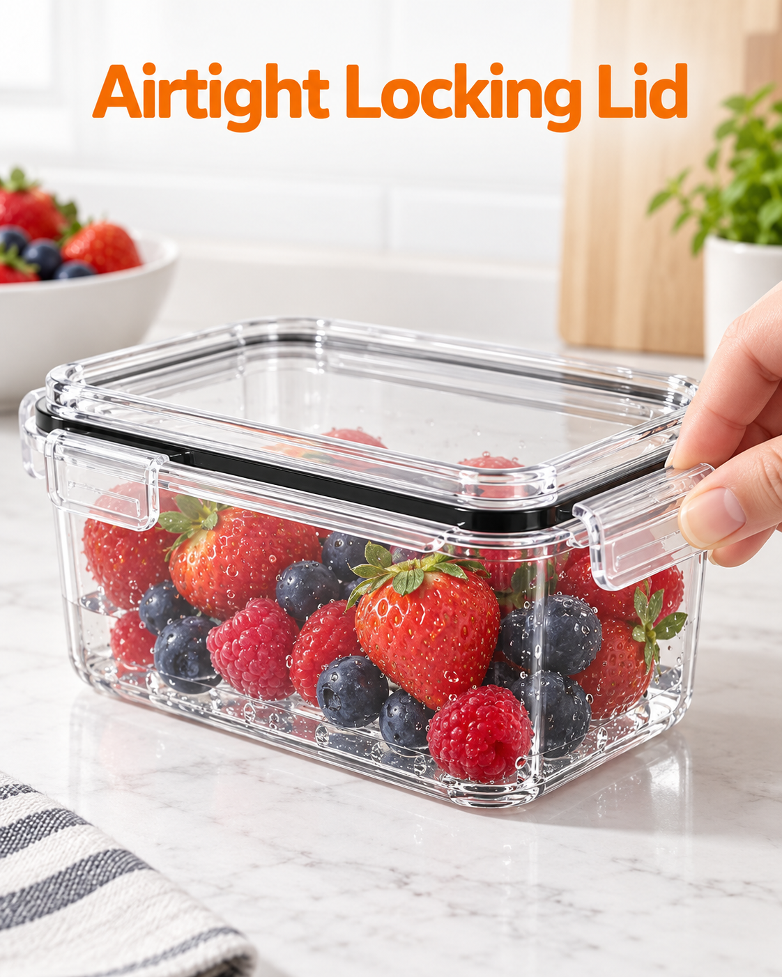 clear fridge storage container with transparent locking lid black silicone sealing ring and side clip