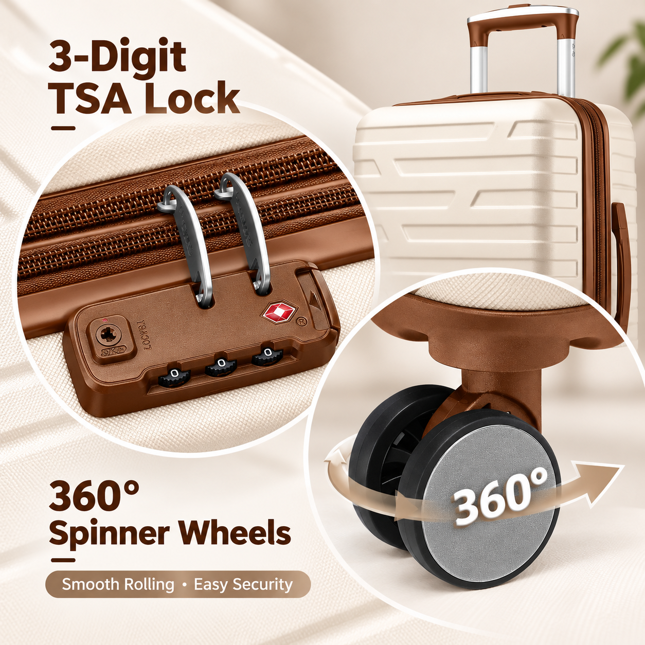 hardside luggage details with 3 digit TSA lock and 360 spinner wheels
