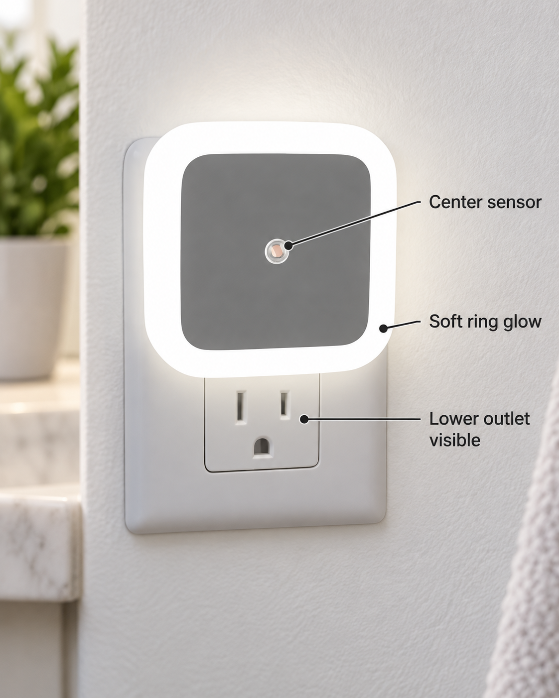 rounded square plug in LED night light closeup showing center sensor ring glow and lower outlet