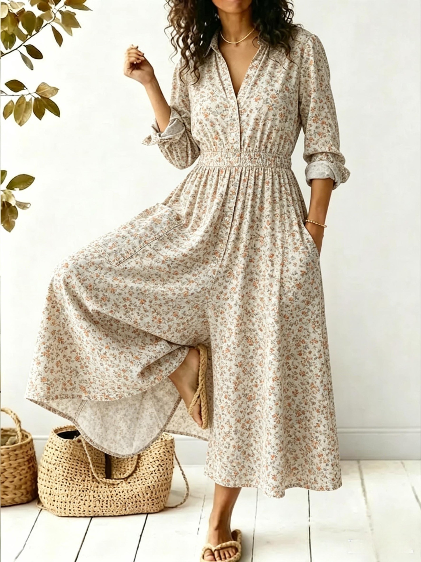 Women's Boho Floral Wide Leg Jumpsuit Casual V Neck Button Down Long Jumpsuits with Pockets