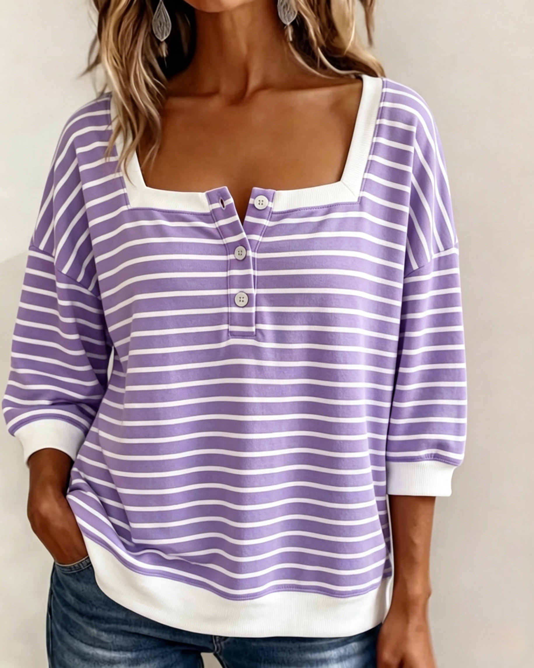 Womens Striped Square Neck Three Quarter Sleeve Henley Top