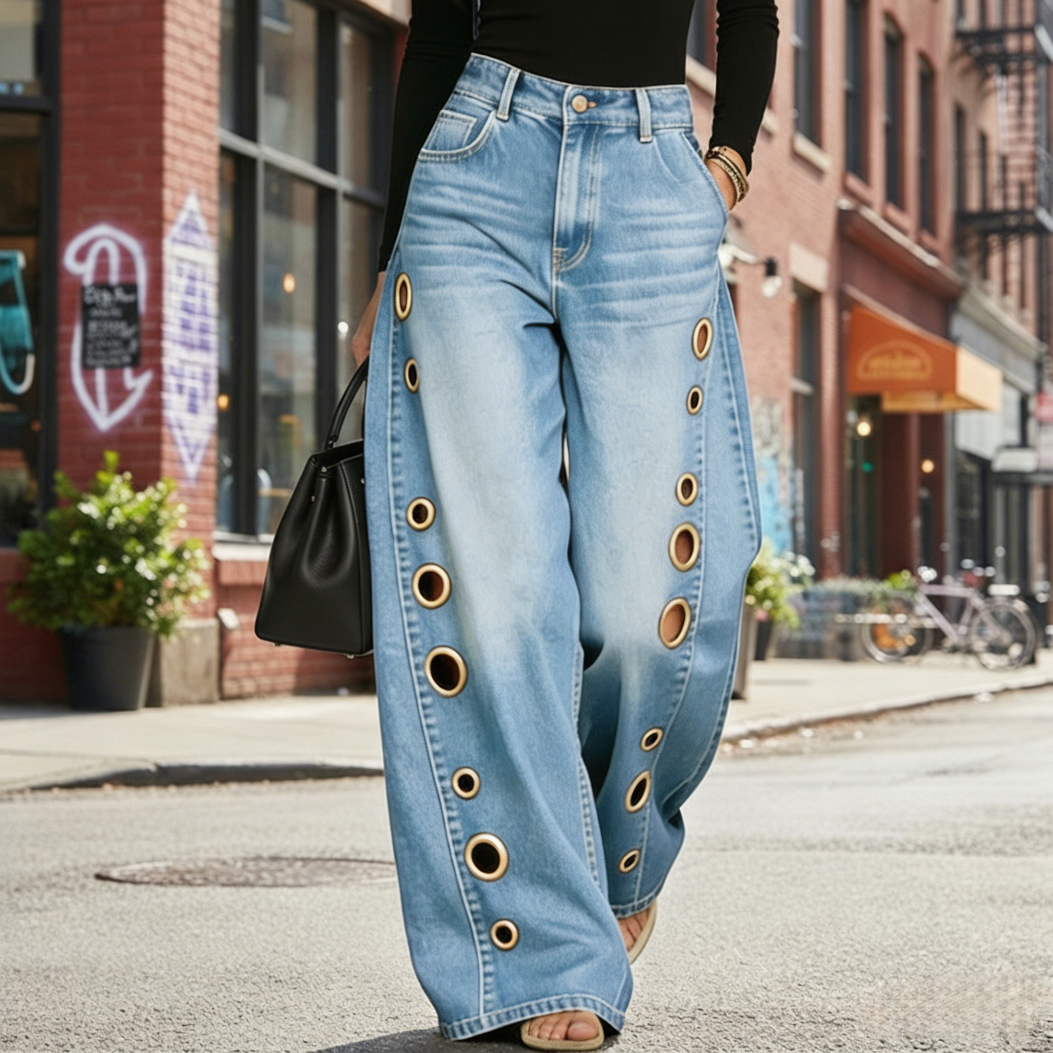  Hollow Design High Rise Denim Jeans