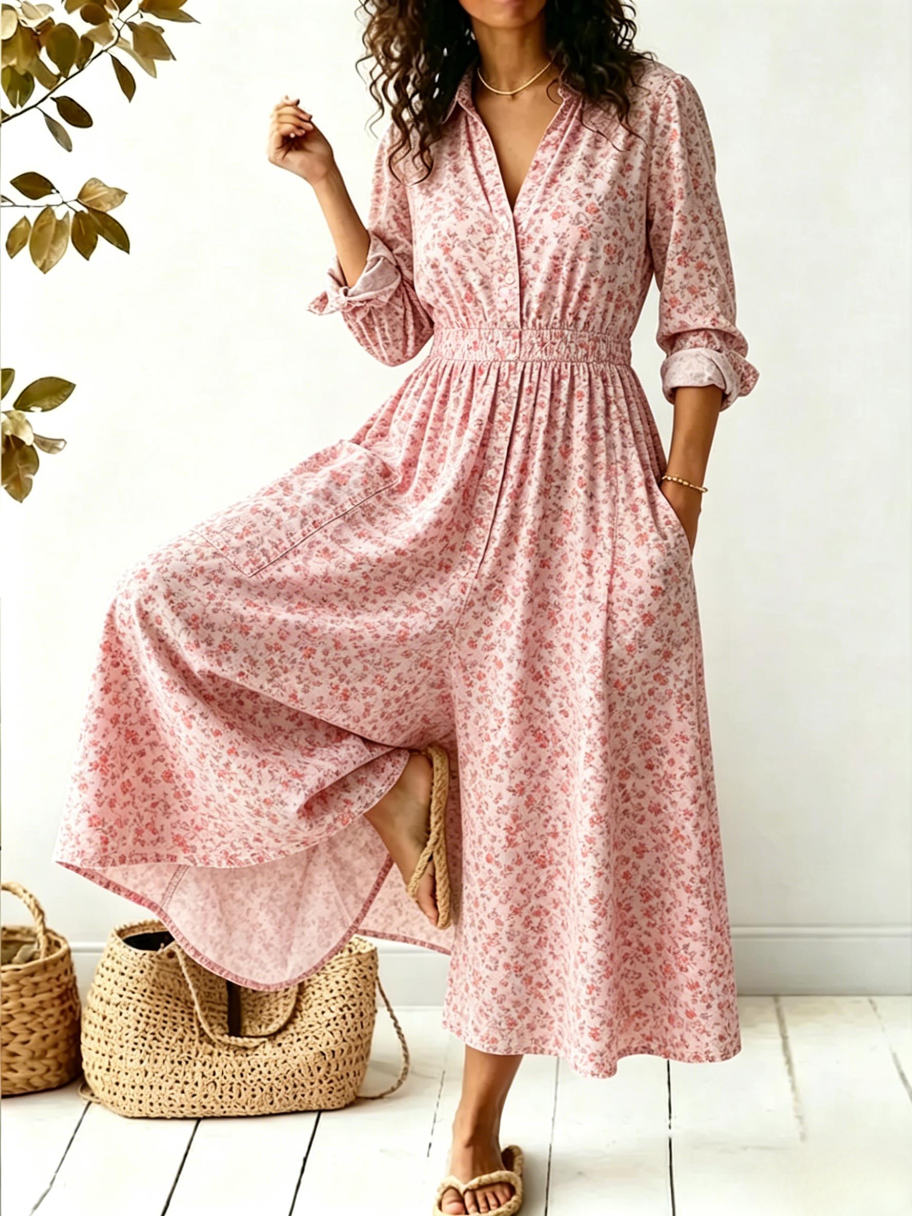 Women's Boho Floral Wide Leg Jumpsuit Casual V Neck Button Down Long Jumpsuits with Pockets