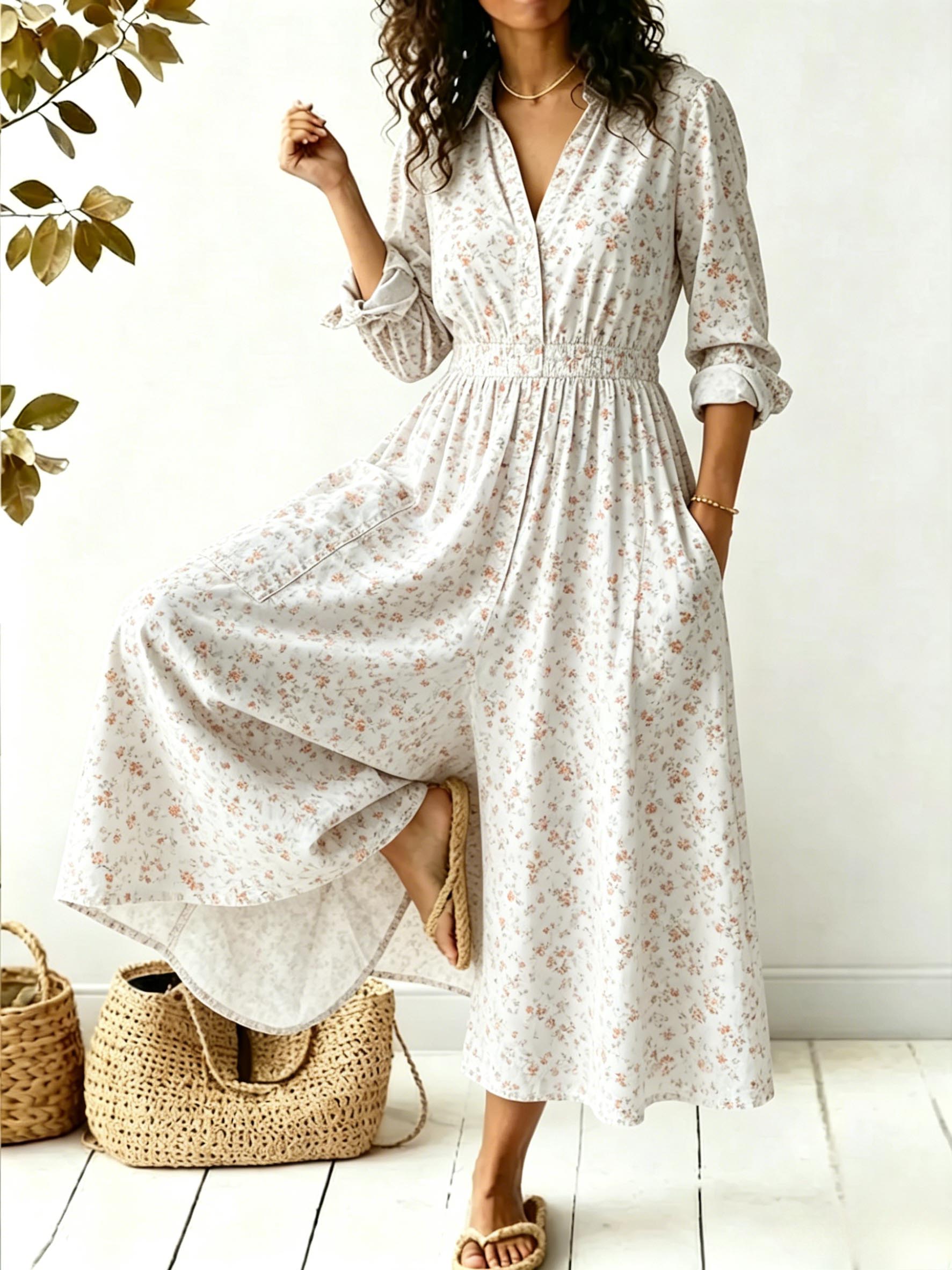 Women's Boho Floral Wide Leg Jumpsuit Casual V Neck Button Down Long Jumpsuits with Pockets