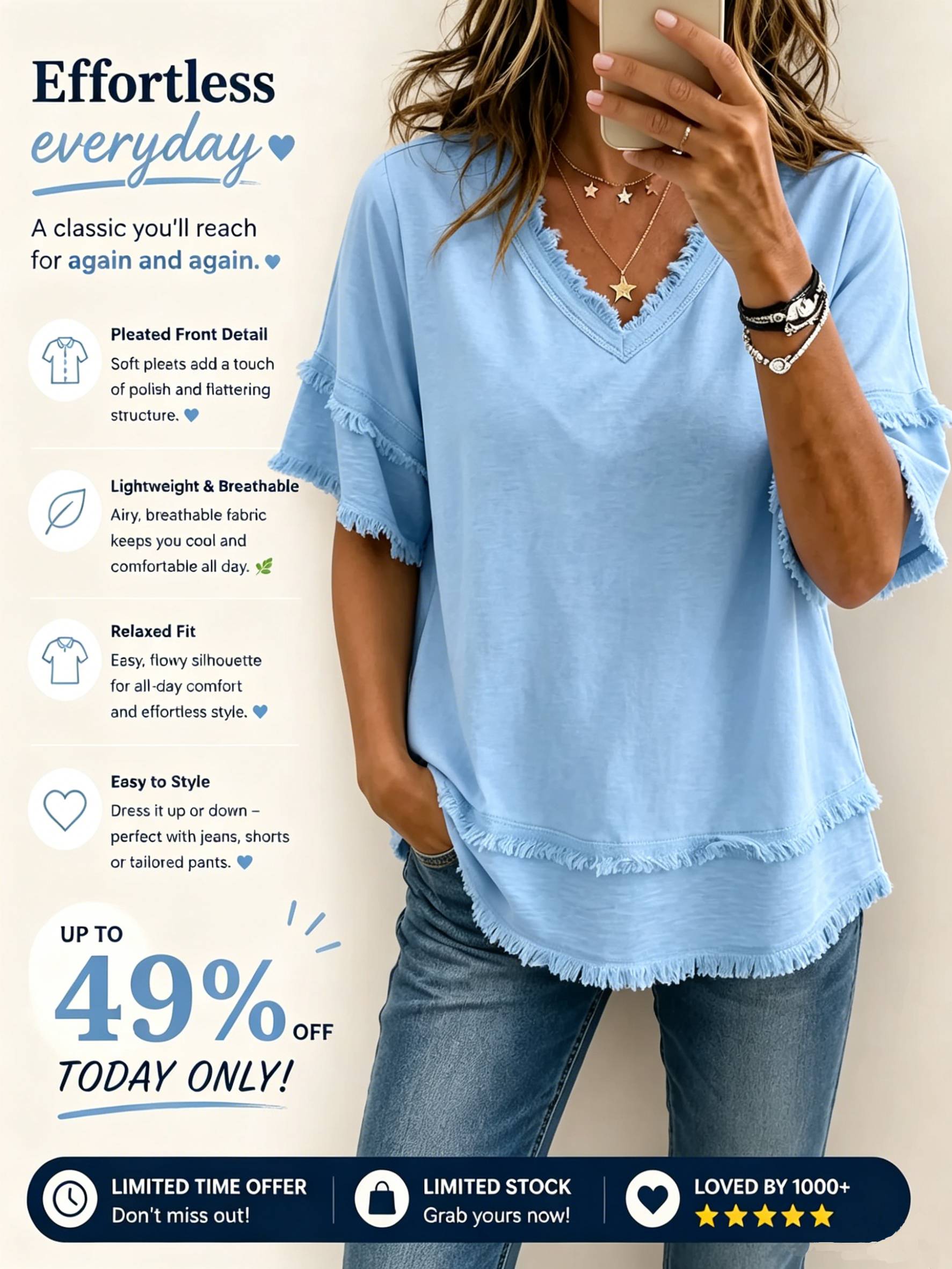 CLEARANCE SALE✨Vintage Frayed V Neck Linen Top