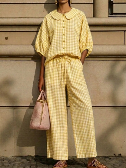 Today 49% off🔥Women’s Cotton Linen Gingham Peter Pan Collar Two-Piece Set