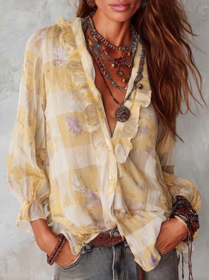 Women's Plaid Print V-neck Long-sleeve Casual Loose Chiffon Top