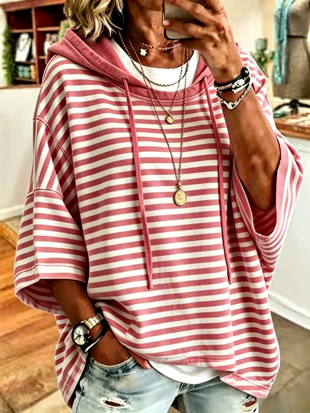 Women Striped Half Sleeve Casual Daily Hoodie