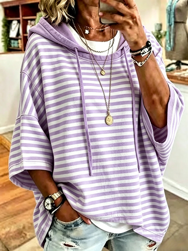 Women Striped Half Sleeve Casual Daily Hoodie