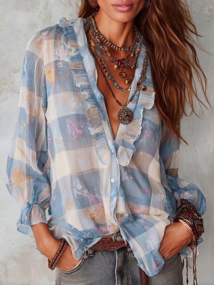Women's Plaid Print V-neck Long-sleeve Casual Loose Chiffon Top