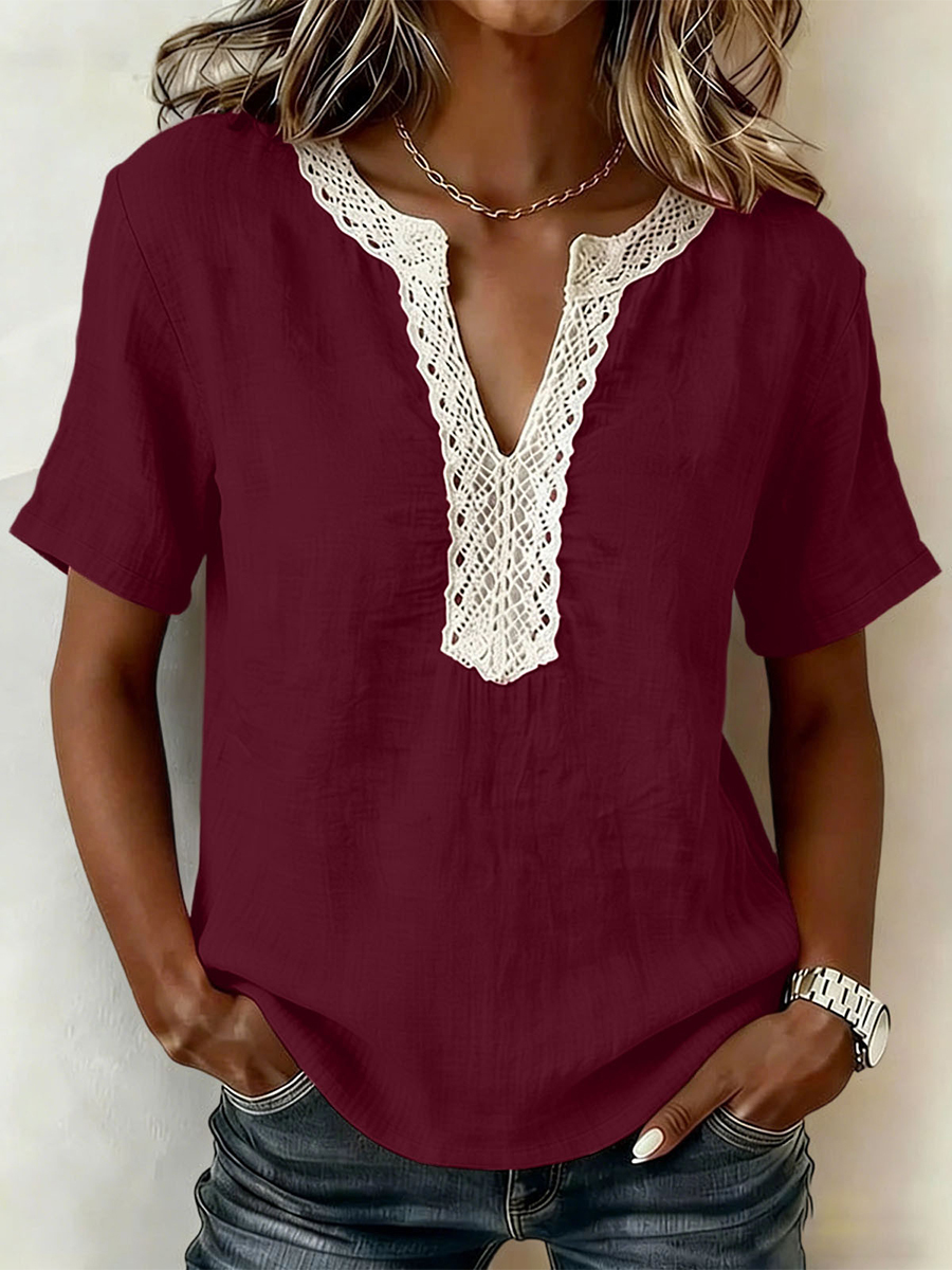 Casual Linen Cotton Short Sleeve Top Lace Trim Collar