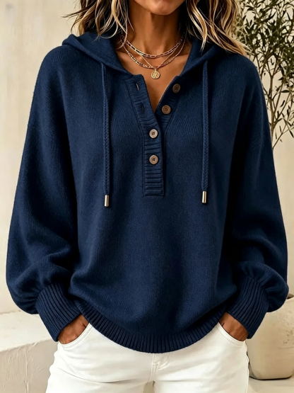 Women's Hooded Knit Sweater – Button Detail Soft Pullover Casual Jumper