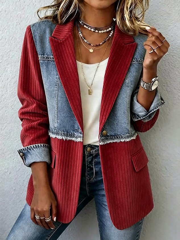 New Arrivals🔥Women's Denim Patchwork Pinstripe Blazer Jacket