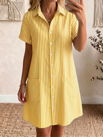 Clearance Sale🔥 Women's Cozy Lapel Classic Striped Cotton Linen Shirt Dress