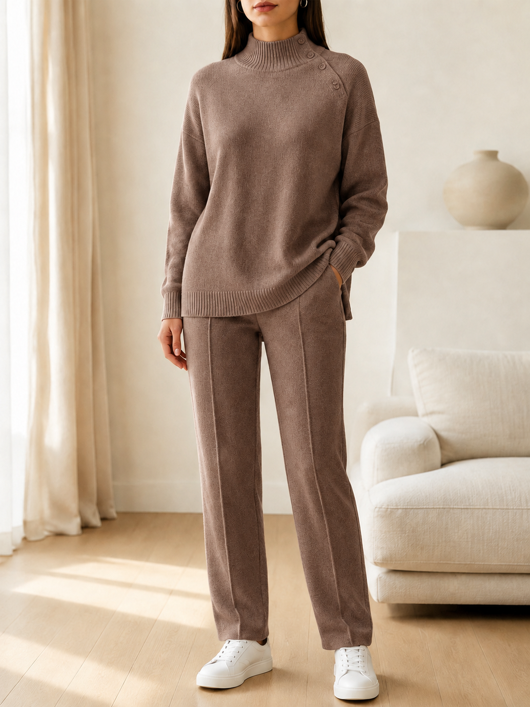 🎄 New Arrivals🔥Women’s Mock Neck Knit Sweater and Straight-Leg Pants Two-Piece Set