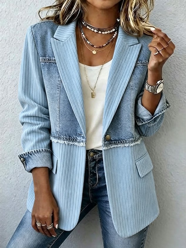 New Arrivals🔥Women's Denim Patchwork Pinstripe Blazer Jacket