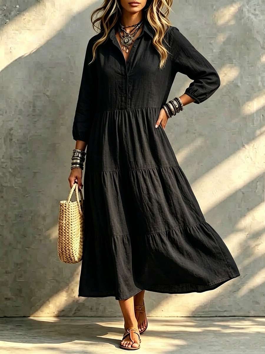 CLEARANCE🔥 Loose Cotton Linen Lapel Dress