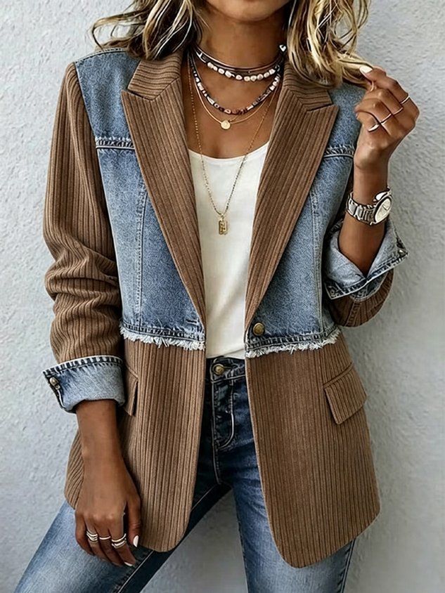New Arrivals🔥Women's Denim Patchwork Pinstripe Blazer Jacket