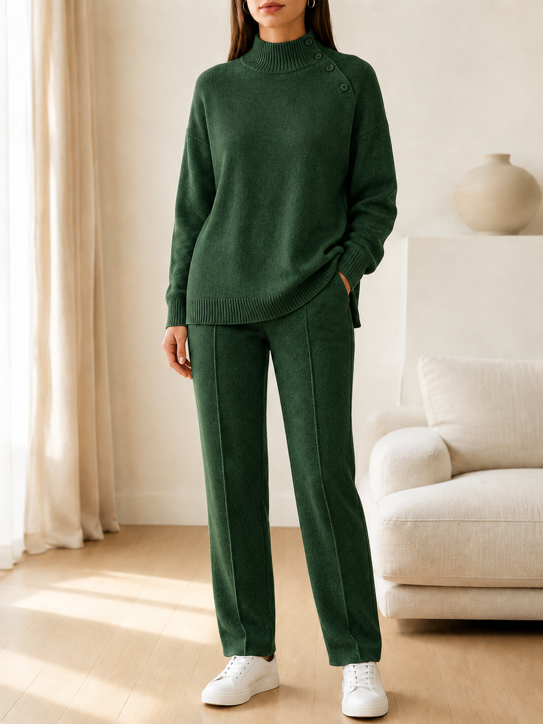 🎄 New Arrivals🔥Women’s Mock Neck Knit Sweater and Straight-Leg Pants Two-Piece Set