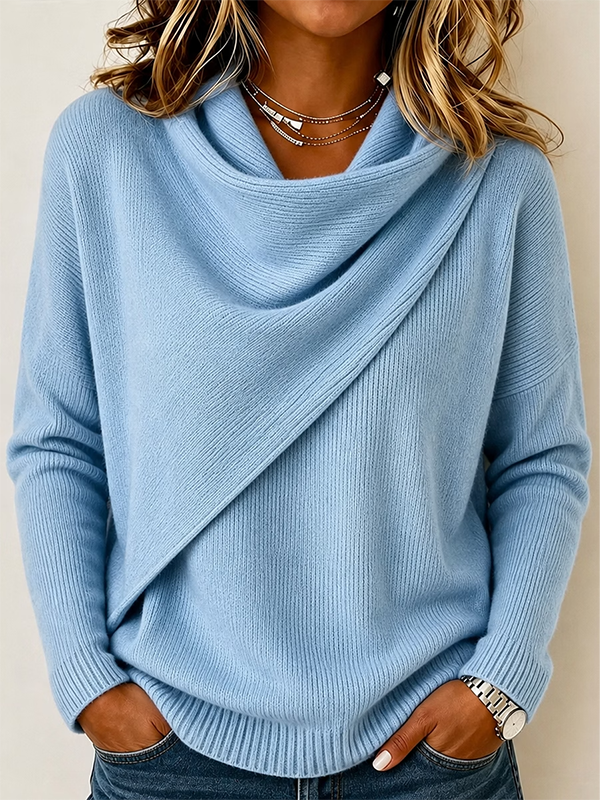 CLEARANCE SALE🔥Women’s Asymmetrical Draped Cowl Neck Relaxed Fit Knit Sweater