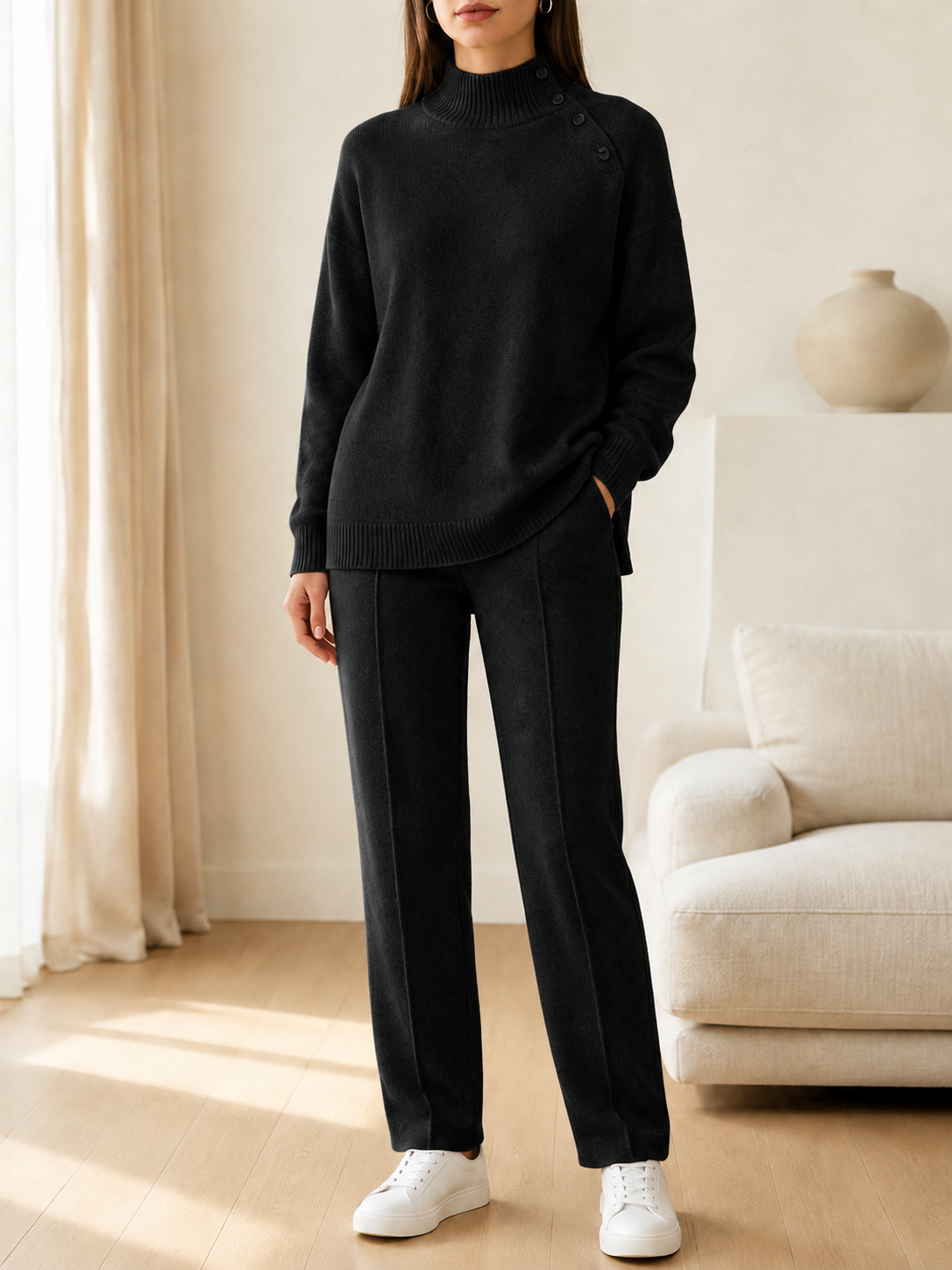 🎄 New Arrivals🔥Women’s Mock Neck Knit Sweater and Straight-Leg Pants Two-Piece Set