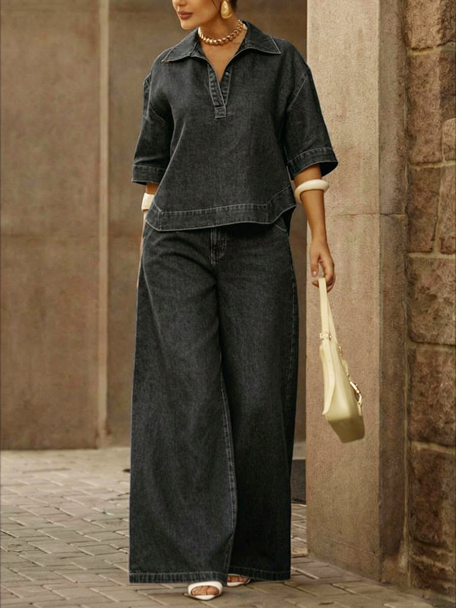 💝💝Women's Casual 100% Cotton Denim Top And Wide-leg Pants Two-piece Set