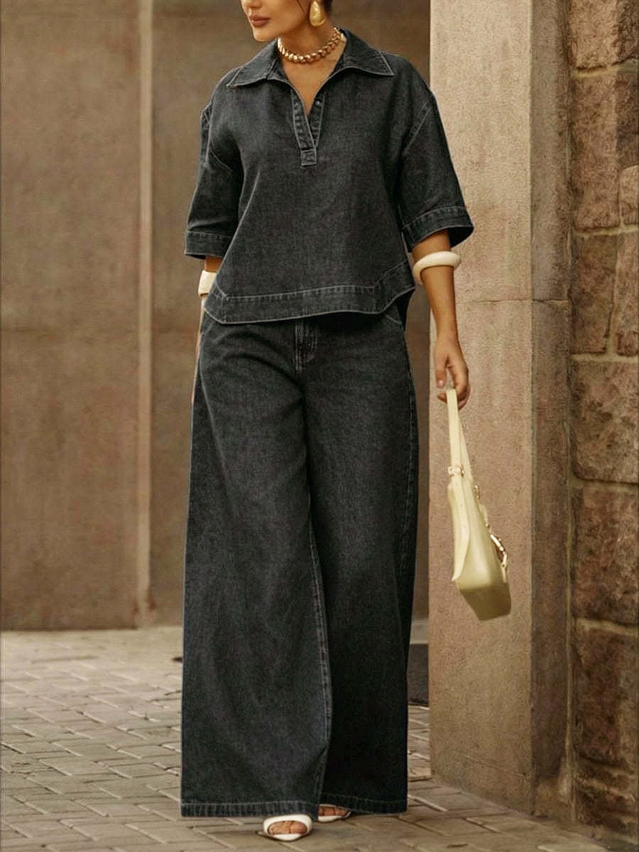 💝💝Women's Casual 100% Cotton Denim Top And Wide-leg Pants Two-piece Set