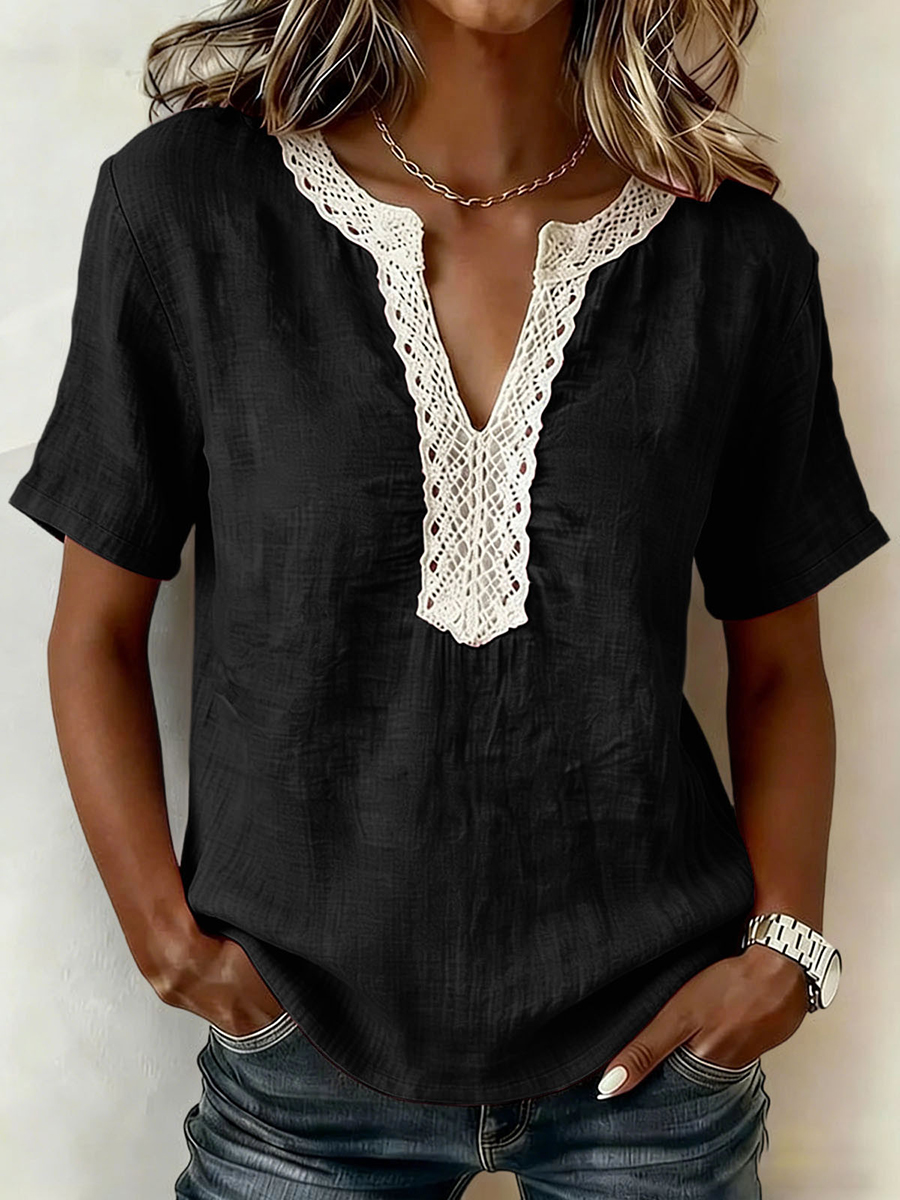 Casual Linen Cotton Short Sleeve Top Lace Trim Collar
