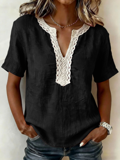 Casual Linen Cotton Short Sleeve Top Lace Trim Collar