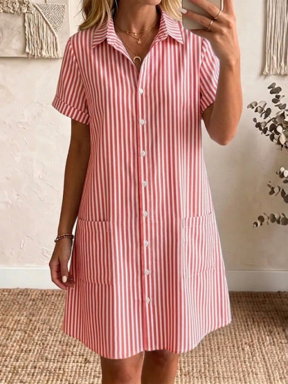 Clearance Sale🔥 Women's Cozy Lapel Classic Striped Cotton Linen Shirt Dress