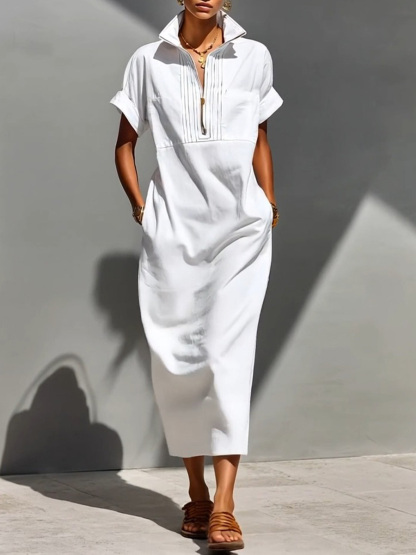 Women's Solid-color Lapel Short-sleeve Casual Loose Cotton-linen Dress