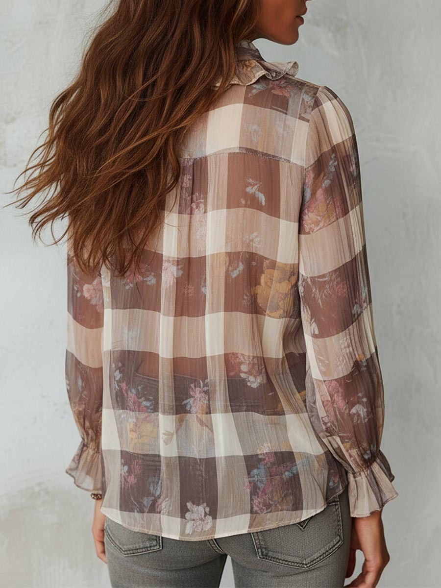 Women's Plaid Print V-neck Long-sleeve Casual Loose Chiffon Top
